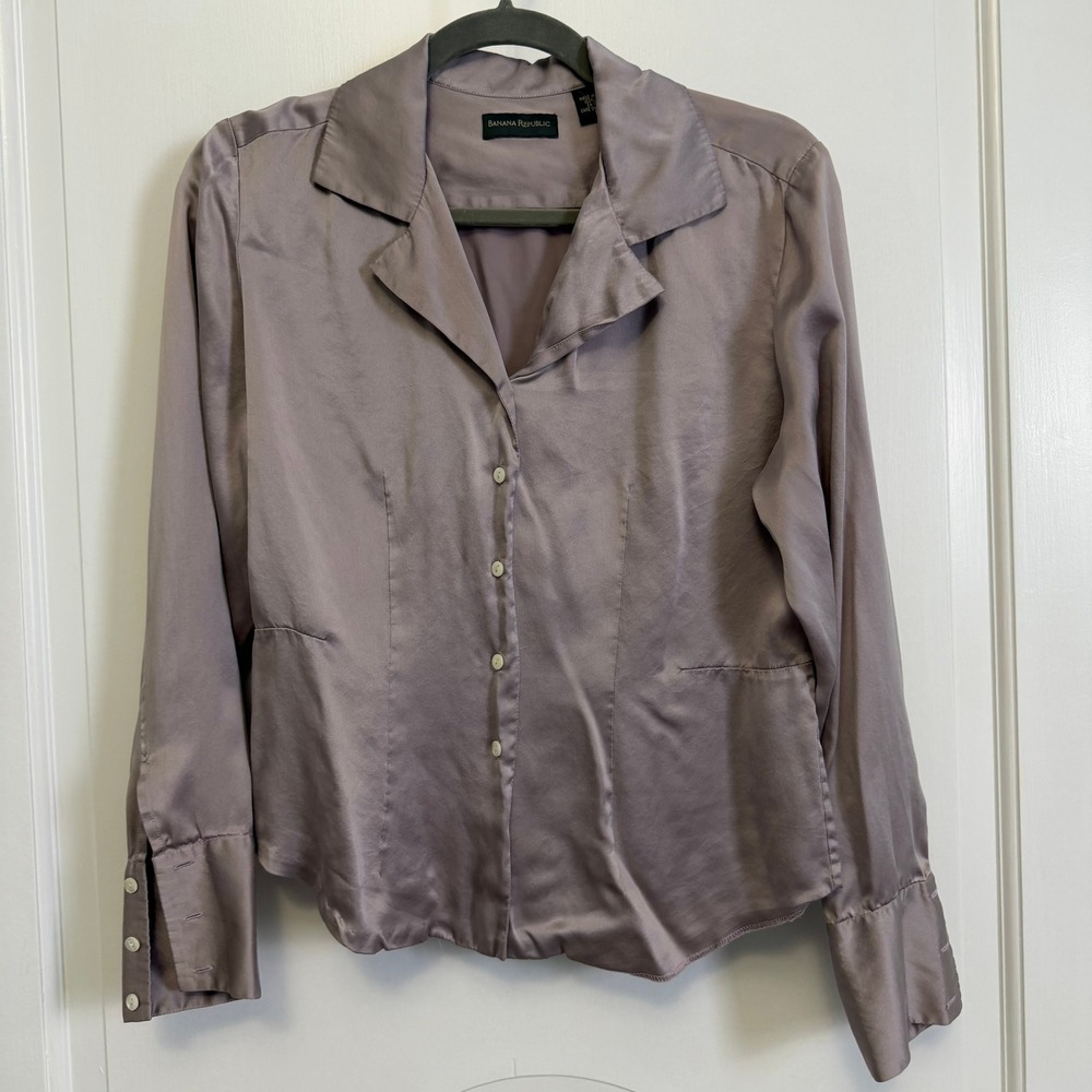 Banana Republic Silk Blouse Women Size M Purple Taupe Long Sleeve Button Up Top